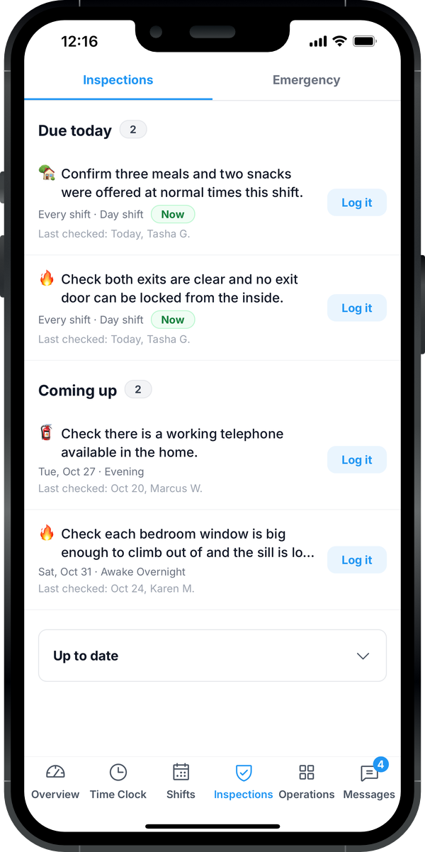 The DSPsystem staff app on a phone, Inspections tab: two checks due today, each with a Log it button, two more coming up this week, and an Up to date section collapsed below