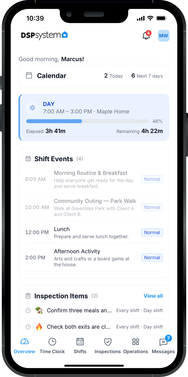 The DSPsystem staff app Overview screen: a greeting, 2 shifts today and 6 in the next 7 days, a Day shift at Maple Home 46% elapsed, the shift events for the day, and inspection items due